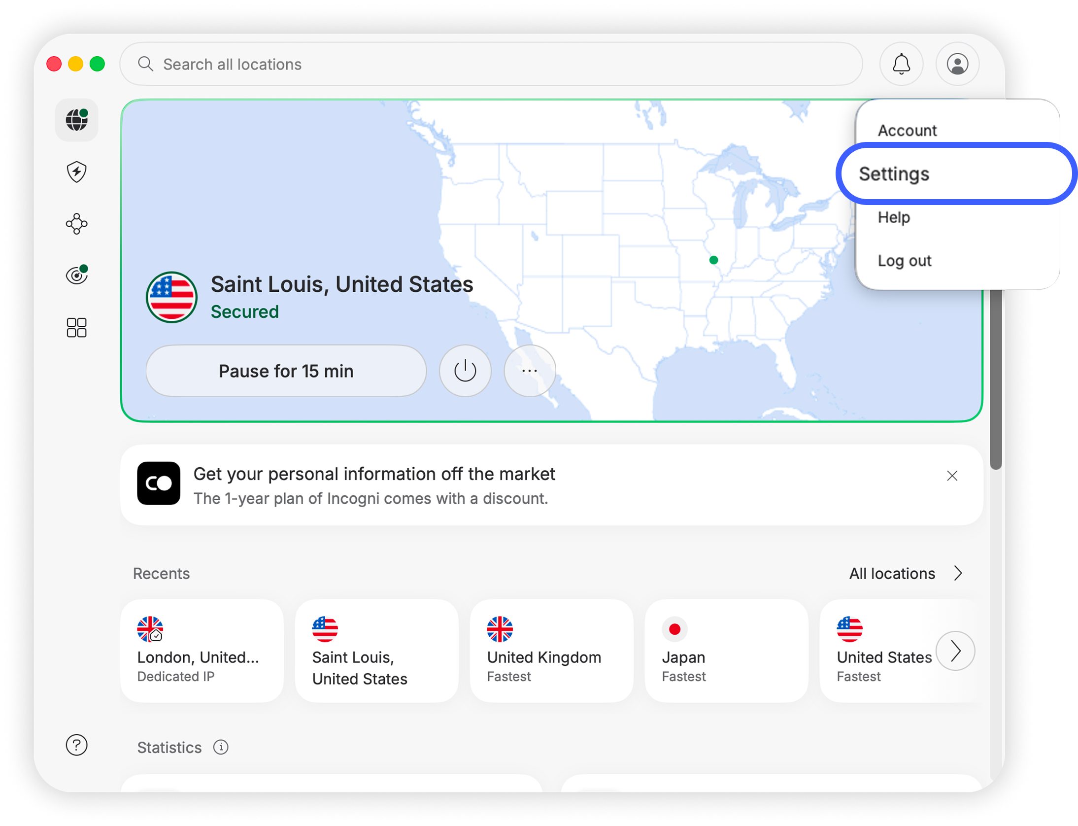 NordVPN macOS app with the Settings circled in the Profile dropdown menu