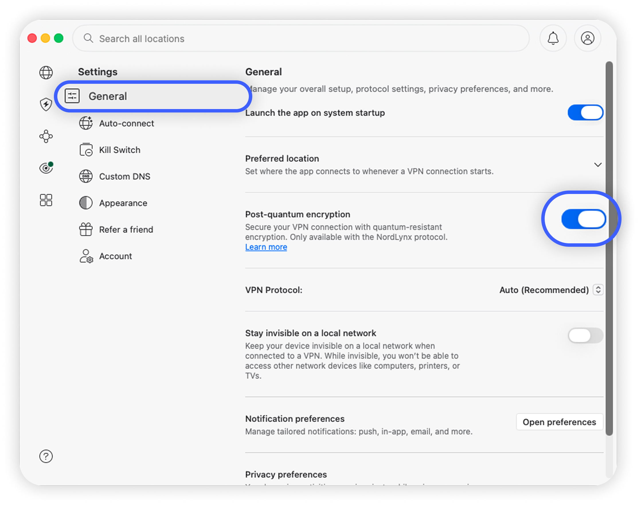NordVPN macOS app Settings General tab with Post-quantum encryption toggle enabled (blue) and General highlighted in the sidebar