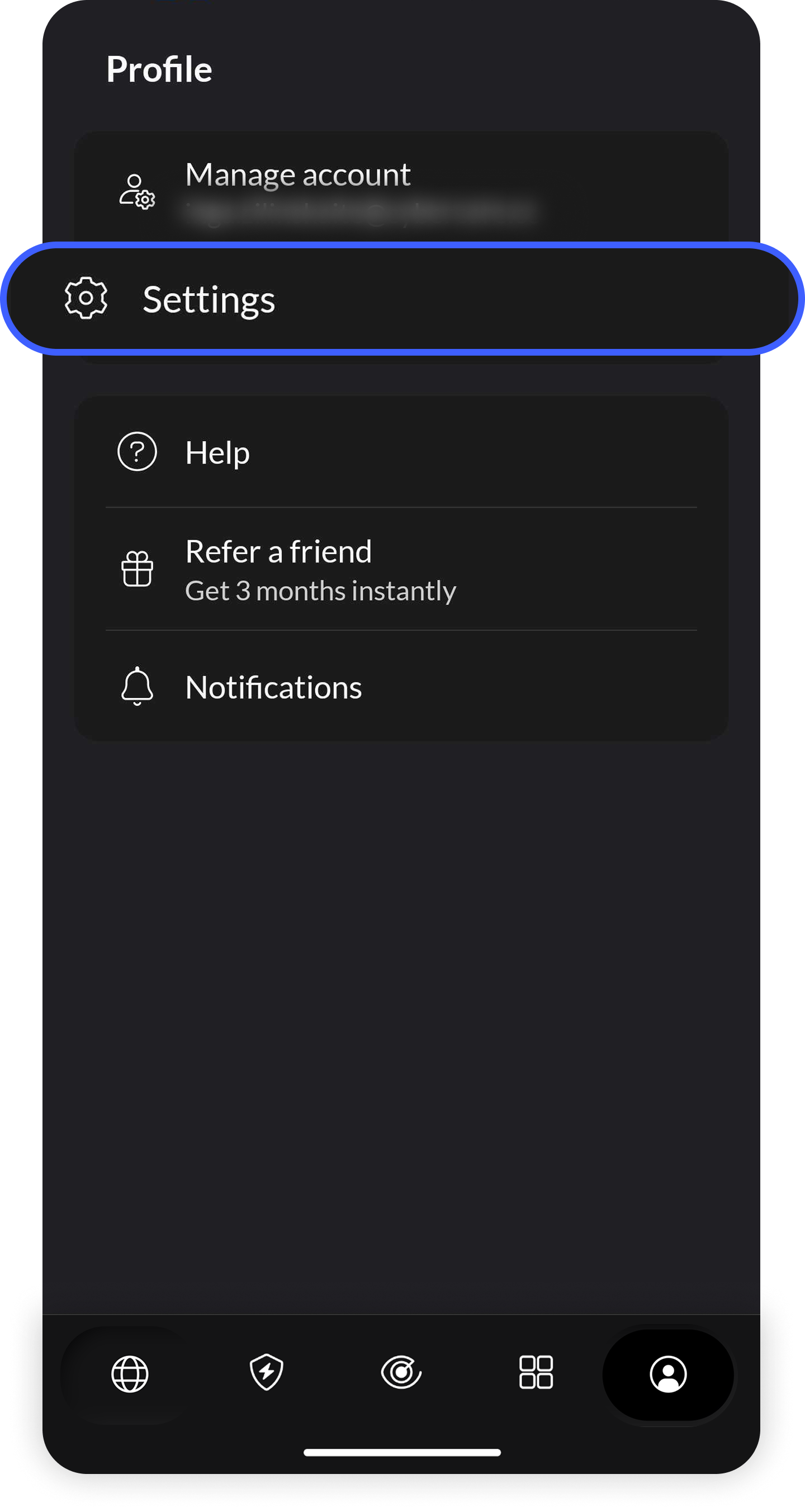 NordVPN Android app Profile page with the 'Settings' option highlighted