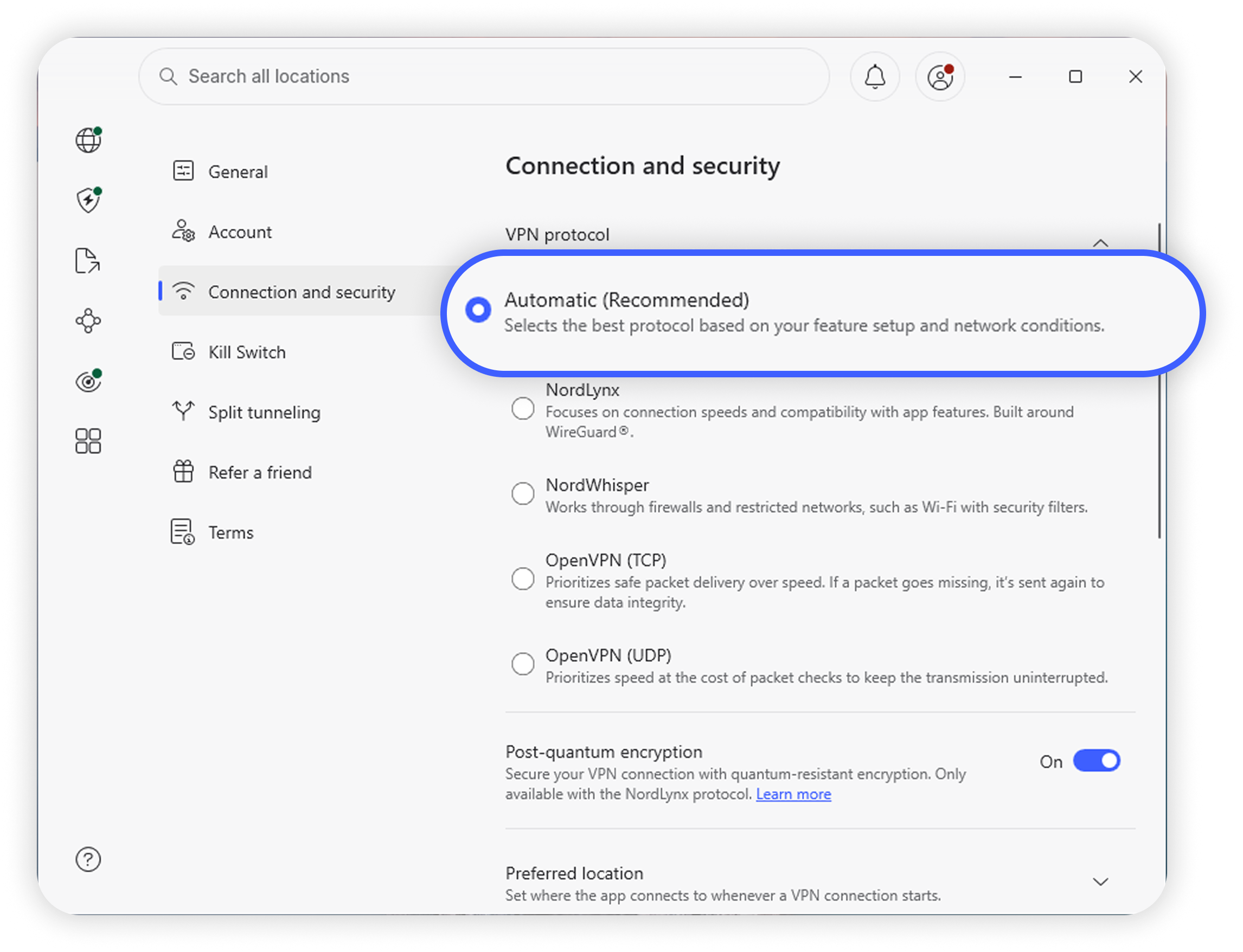 NordVPN Windows app Connection and security settings showing 'Automatic (Recommended)' VPN protocol option circled in blue