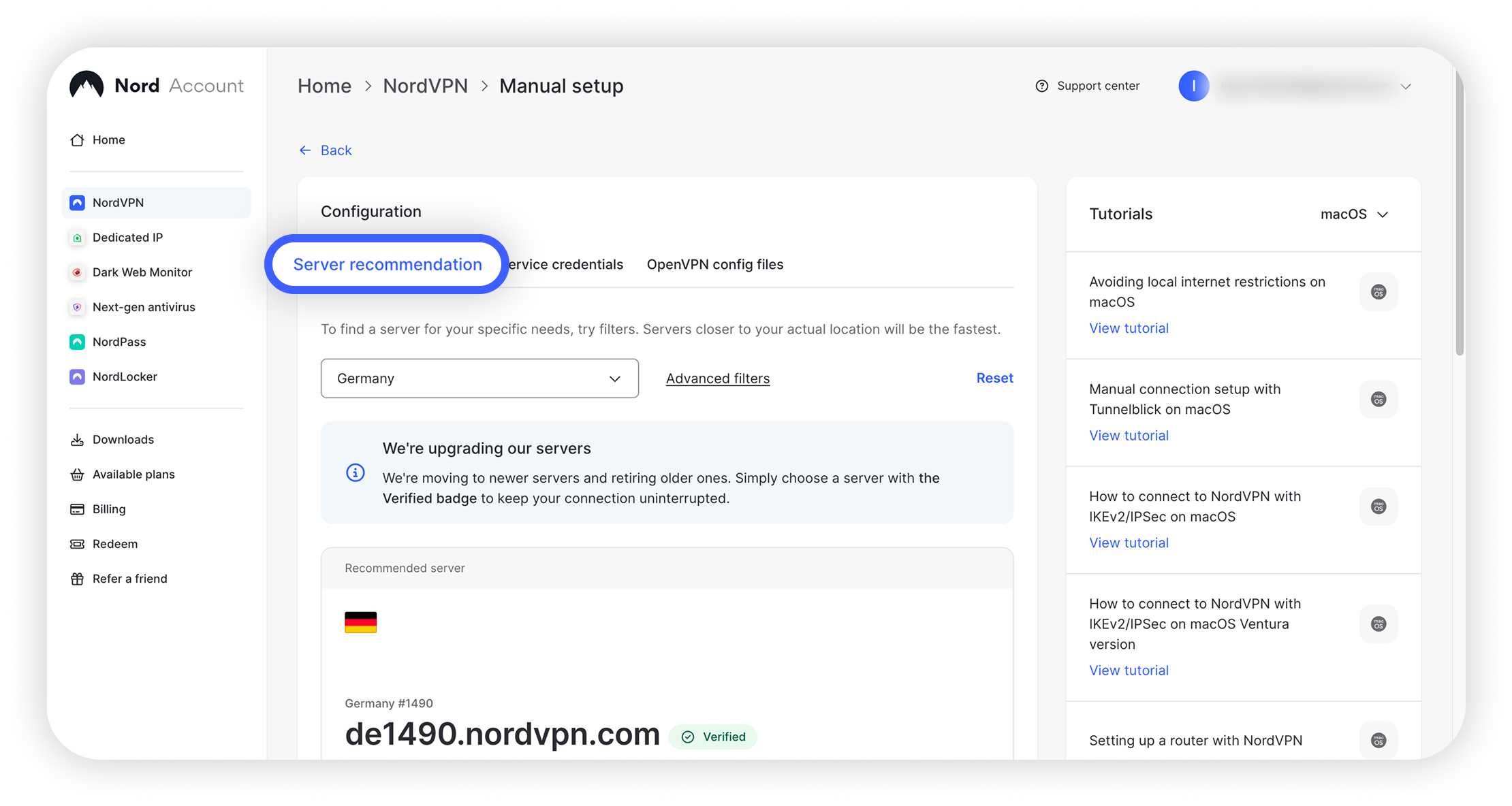 Konfigurationssiden for Nord Account med fanen 
