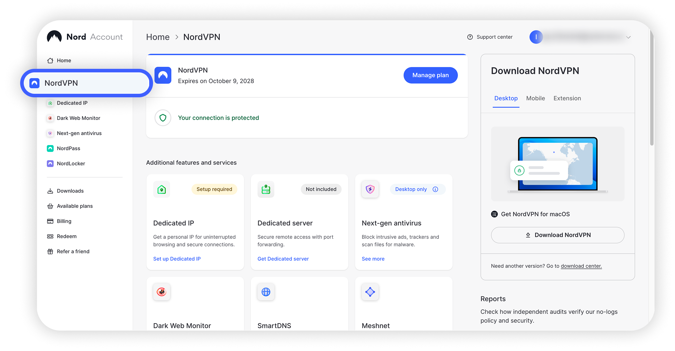 Tableau de bord du Nord Account avec NordVPN mis en évidence dans la barre latérale gauche sous la catégorie Accueil