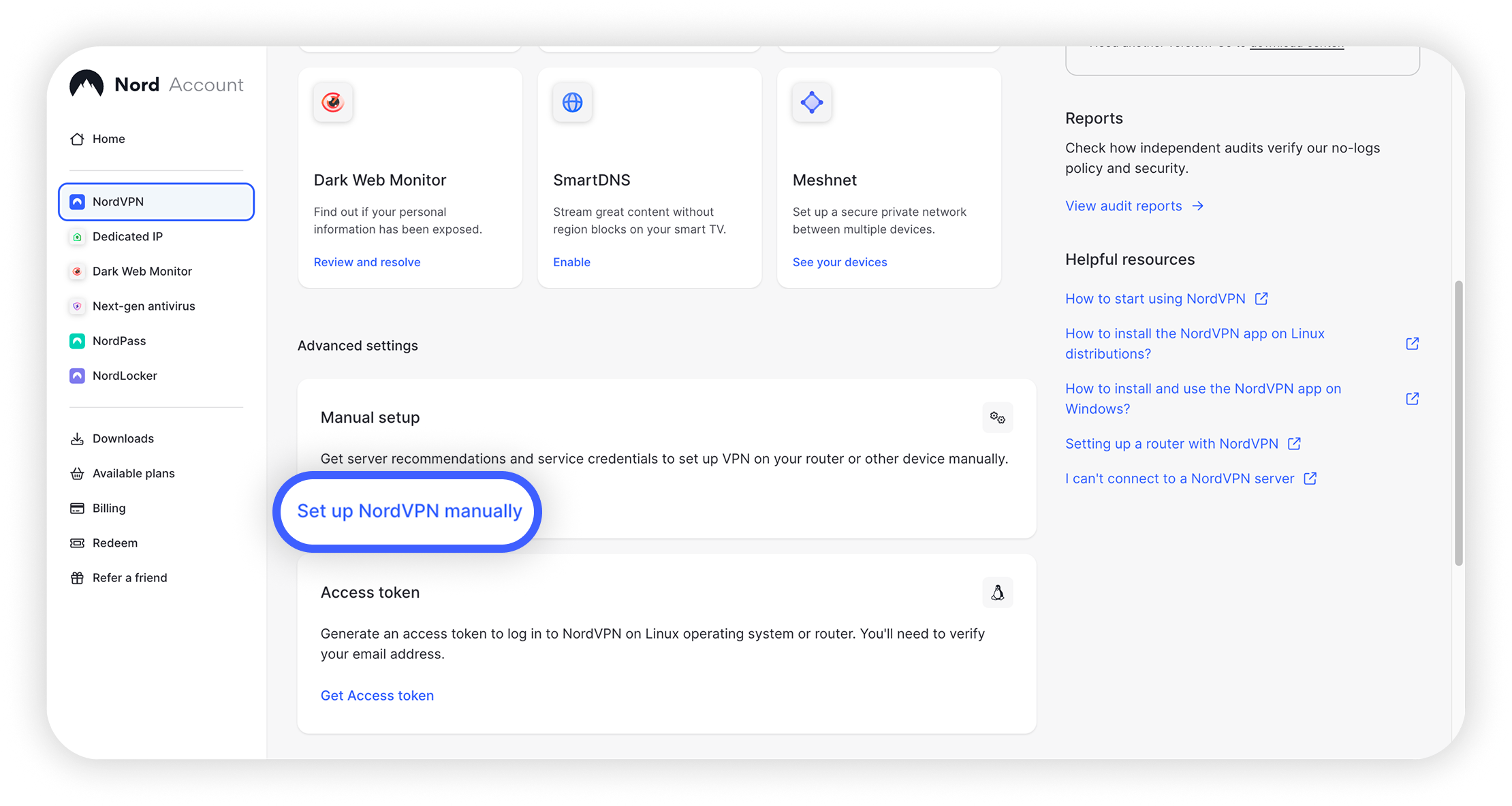 Sezione Impostazioni avanzate di NordVPN nel Nord-Account con il link 