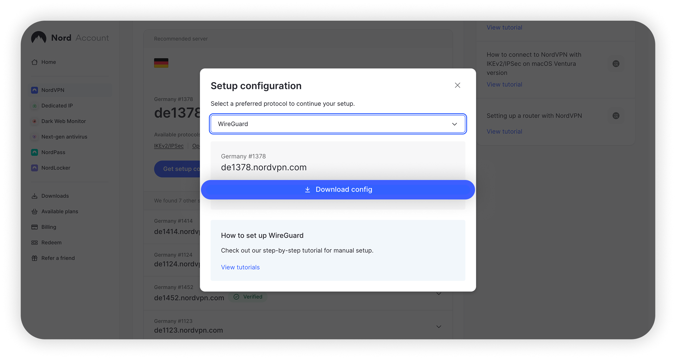 Konfigurationsfenster für die Einrichtung von Nord Account mit ausgewähltem WireGuard und hervorgehobener Option „Konfiguration herunterladen“