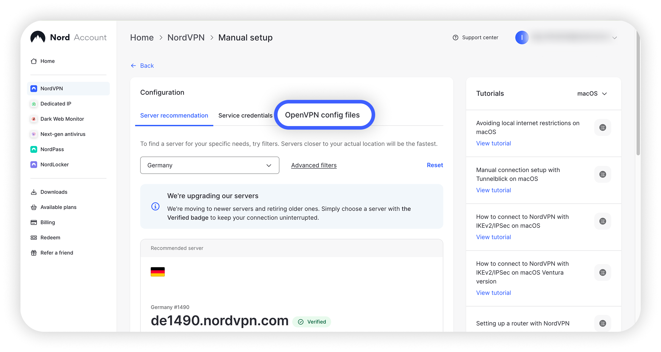 Konfigurasjonssiden i Nord Account med fanen «Konfigurasjonsfiler for OpenVPN» innringet i blått