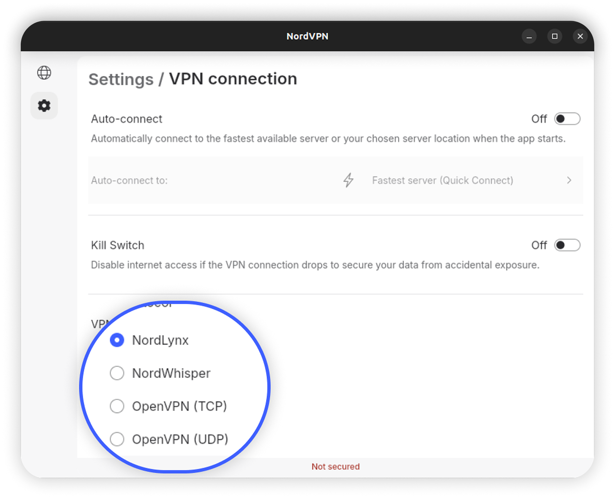 NordVPN Linux GUI Settings / VPN connection page showing protocol options (NordLynx selected, NordWhisper, OpenVPN TCP, OpenVPN UDP) highlighted