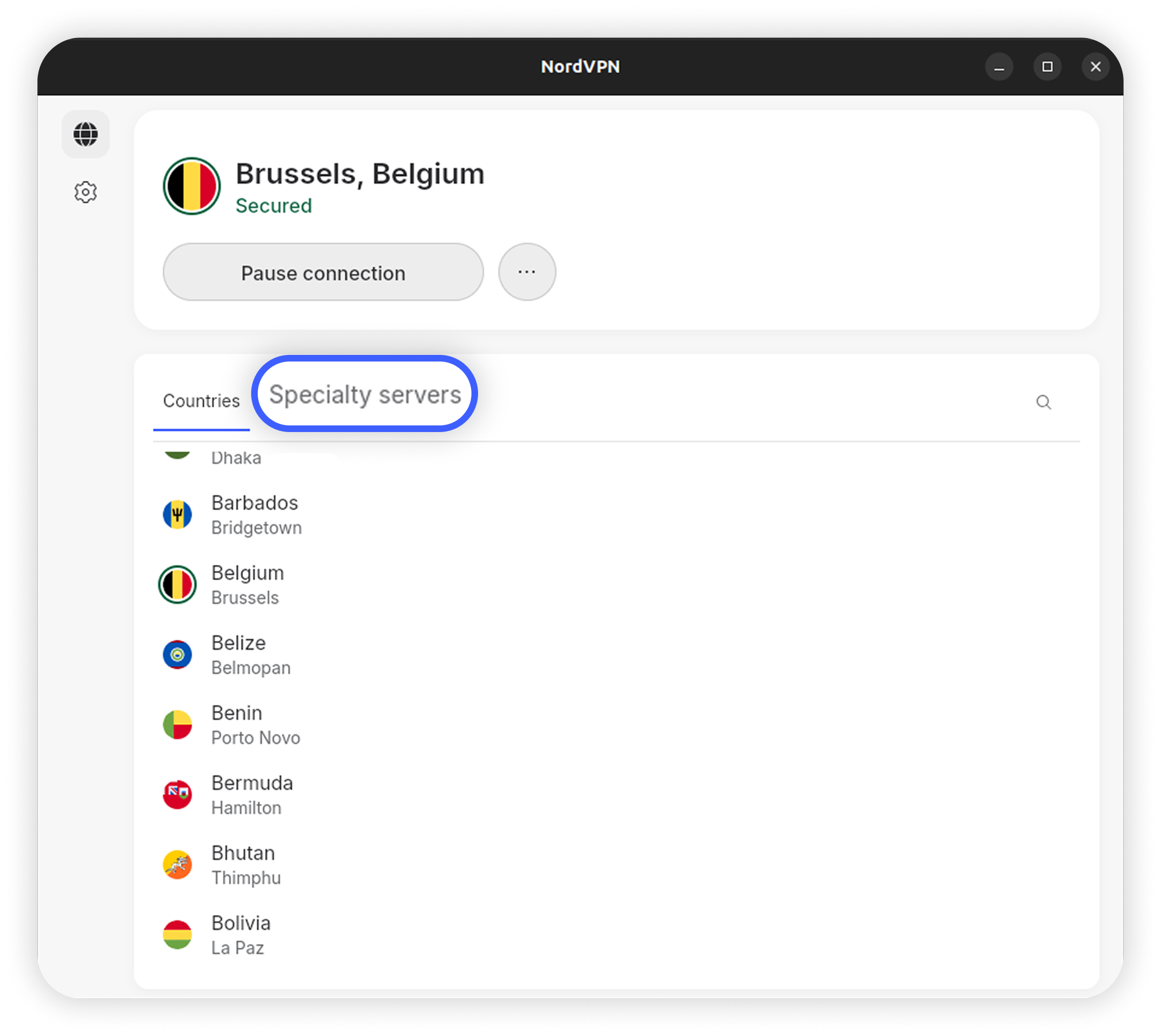 NordVPN Linux GUI home screen with the 'Specialty servers' tab highlighted in the server list