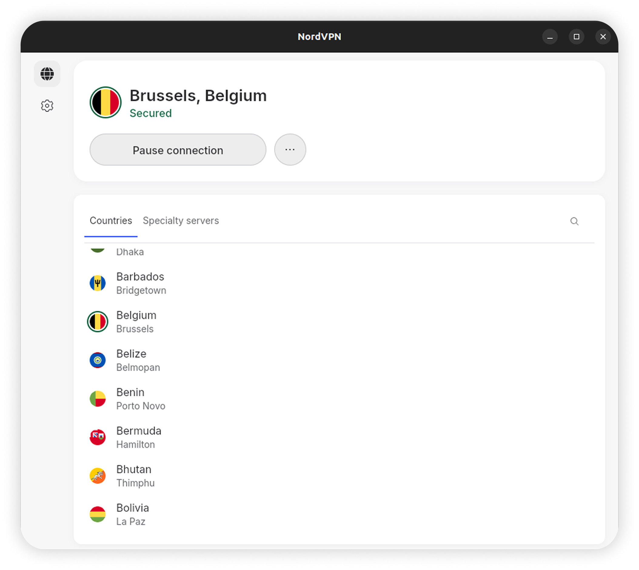 NordVPN Linux GUI main screen connected to Brussels, Belgium showing Countries and Specialty servers tabs with a Pause connection button