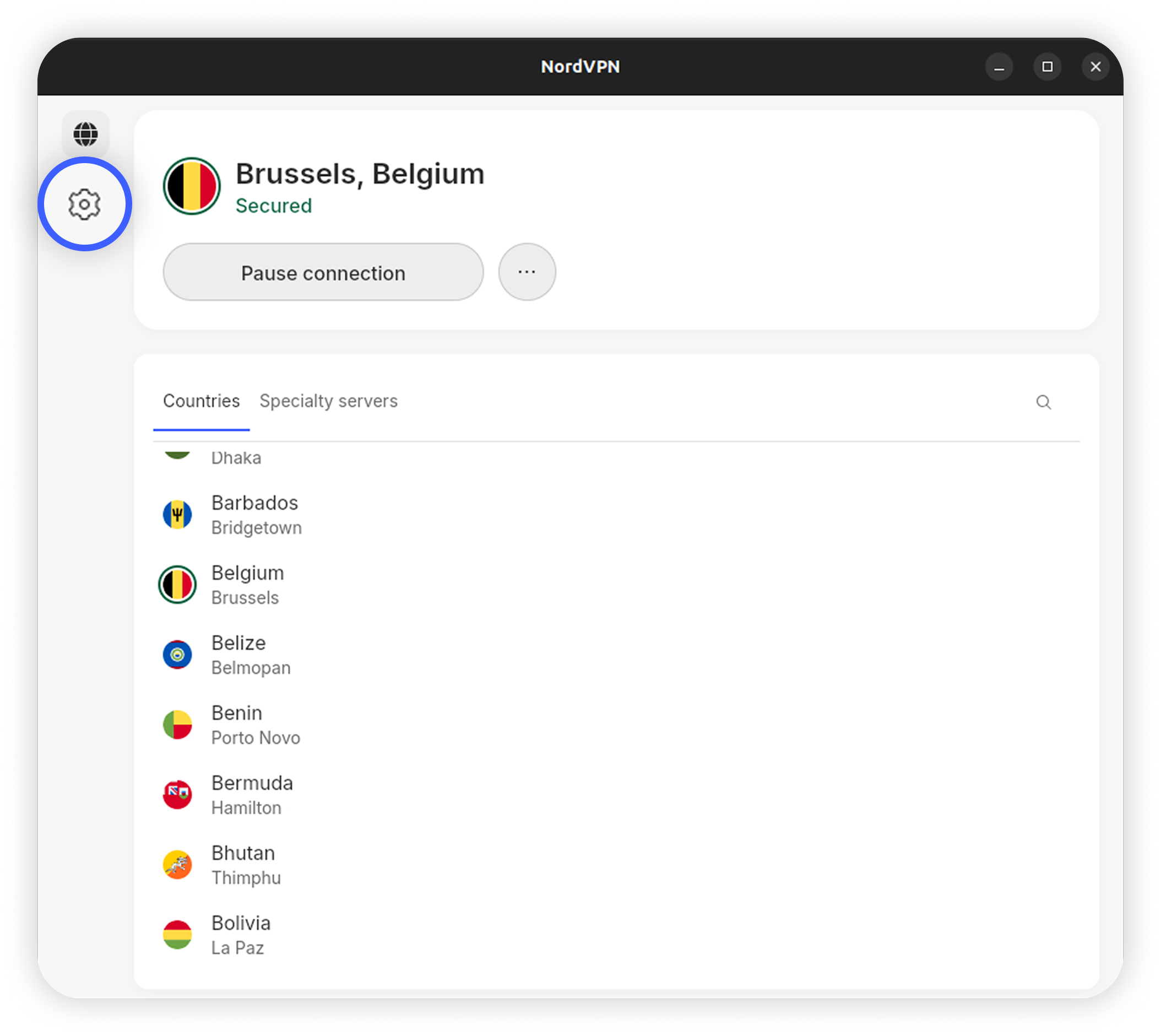 NordVPN Linux GUI main screen with the Settings gear icon highlighted in the left sidebar