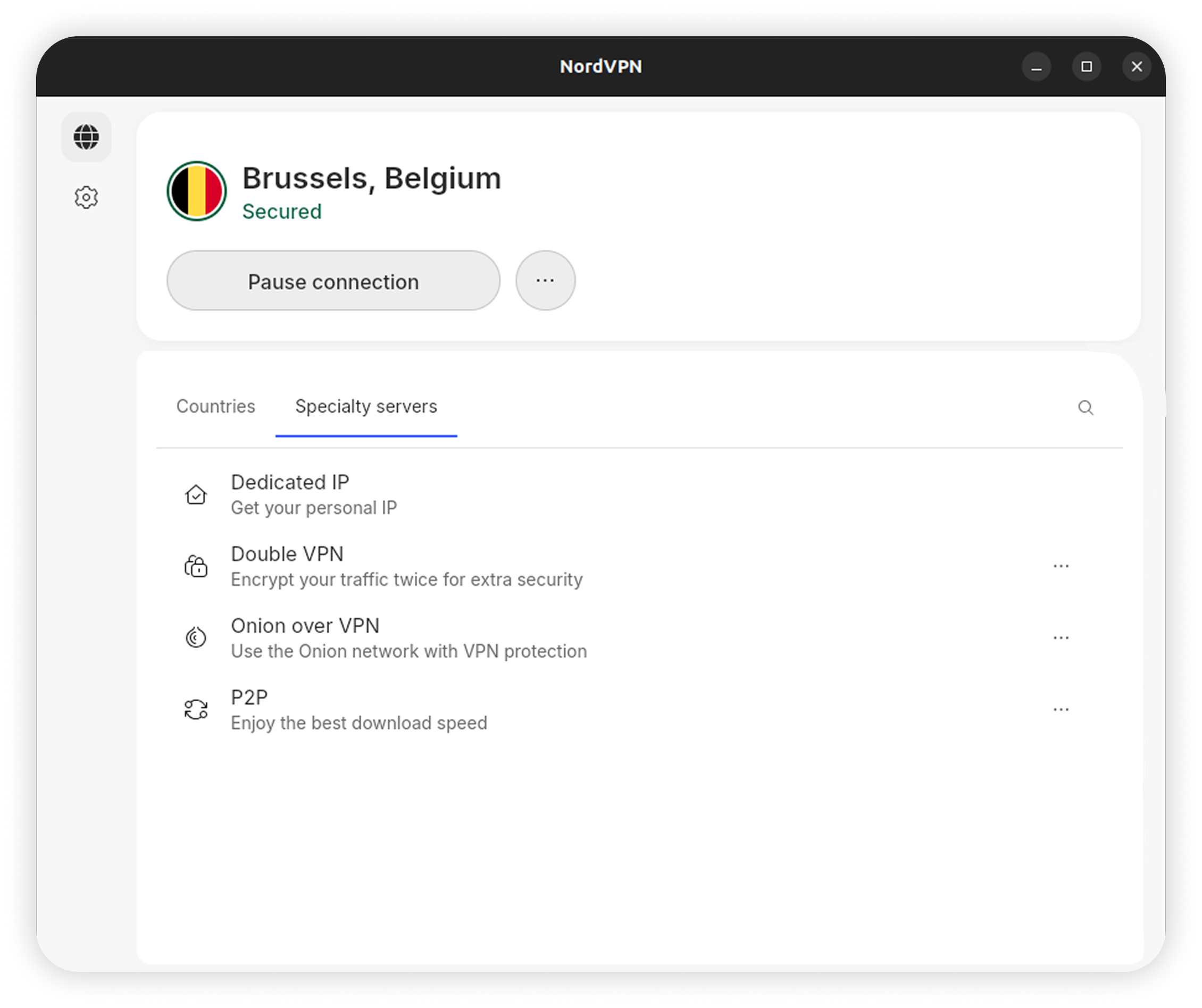 NordVPN Linux GUI Specialty servers list showing Dedicated IP, Double VPN, Onion over VPN, and P2P options
