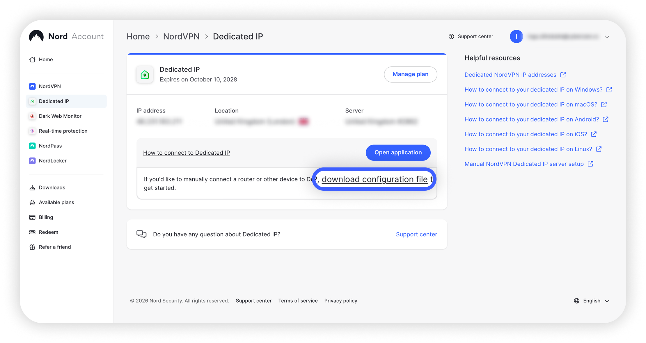 Nord Account Dedicated IP details page with 'Download configuration file' link highlighted