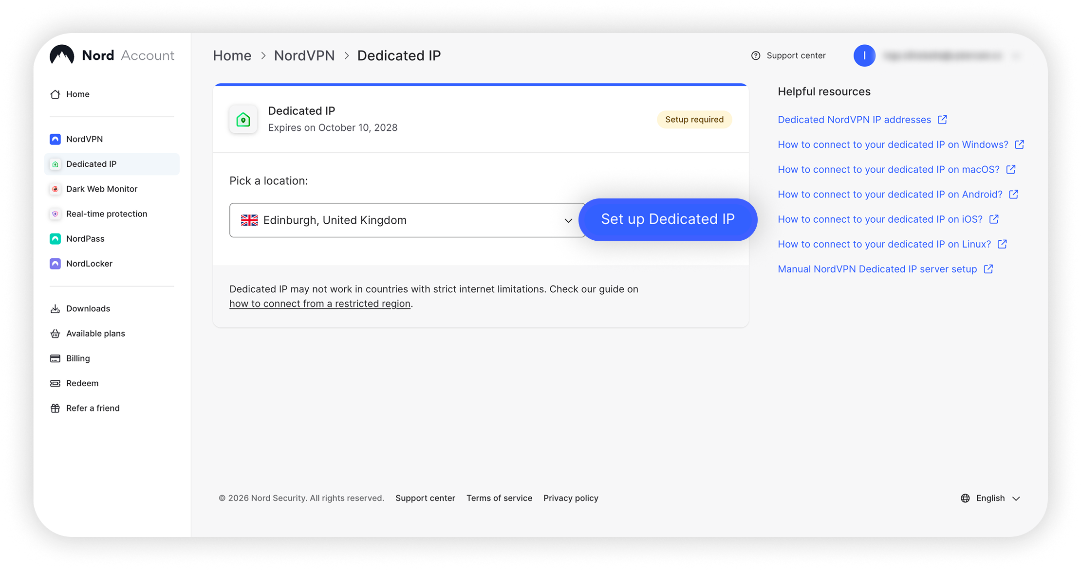 Nord Account Dedicated IP setup page with 'Set up Dedicated IP' button highlighted